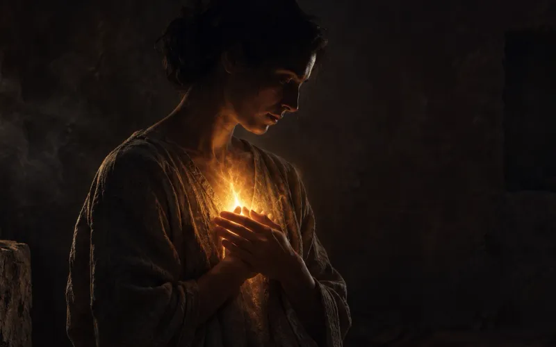 A solitary figure tending a golden flame that glows from within the chest in a dark, earthen room.